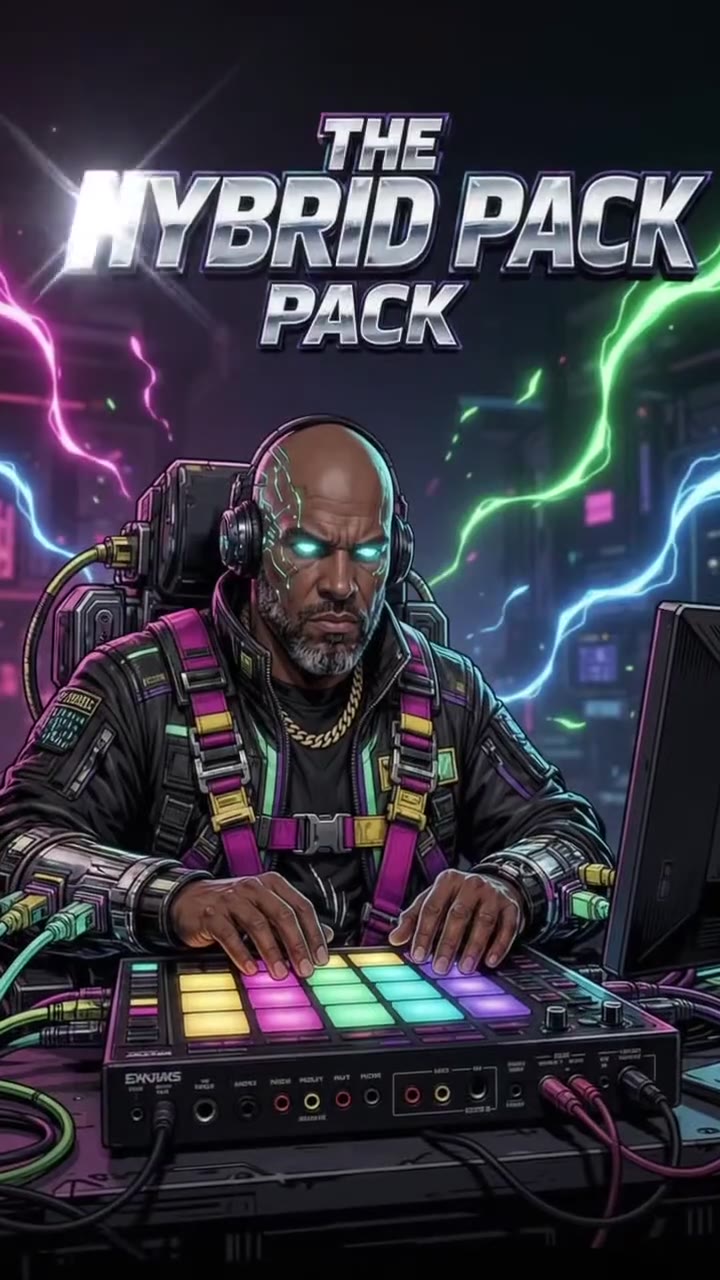 Still from the film, resting dim in the record: The Hybrid Pack — a producer at glowing drum pads in a neon studio
